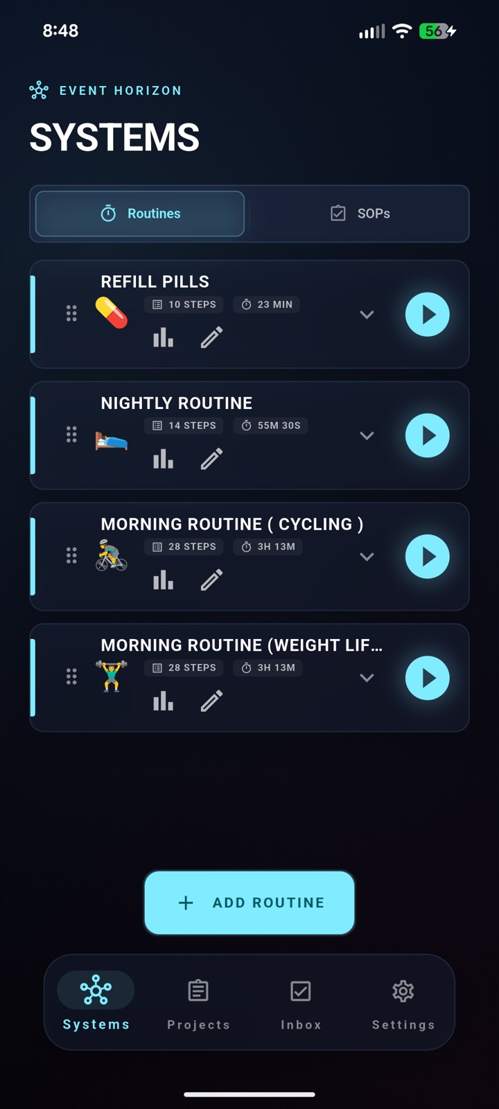 Dark theme routine page in Event Horizon