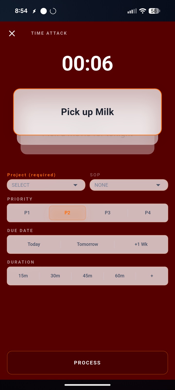 Time Attack task categorization screen